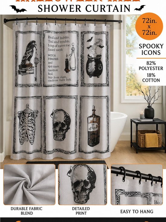 Halloween Hill Other - Gray Halloween Shower Curtain with Skull & Potion Prints
